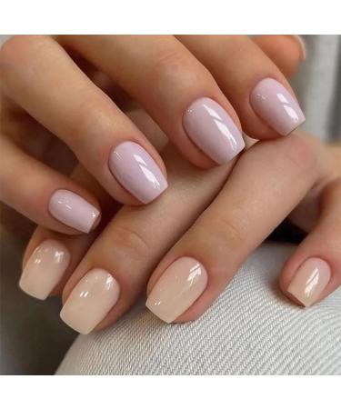 SINLOV Medium Long Square Fake Nails Purple Orange French False Nail Glossy Full Cover False Nails Press on False Nails for Women and Girls
