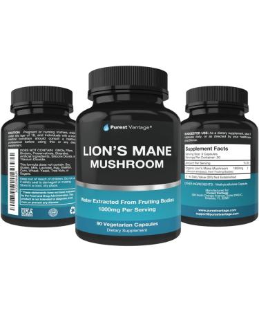 Organic Lions Mane Mushroom Capsules 1800mg - USA Grown Nootropic Brain Supplement and Immune Support - 90 Veggie Caps - Buy Online on GoSupps.com