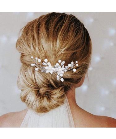 Unsutuo Bride Wedding Hair Comb Silver Flower Bridal Hair Accessories Crystal Pearl Hair Pieces for Women and Girls