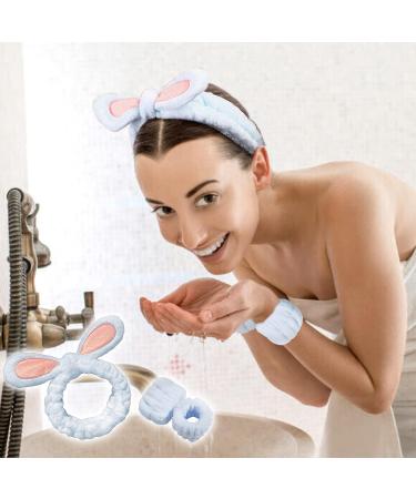 3 Pieces Cute Bunny Ear Headband and Wrist Straps Set for Washing Face Spa Soft Elastic Facial Care hairband Fluffy Headband Wristbands for Women Girls Shower Sports Makeup Bath (Blue) - Buy Online on GoSupps.com