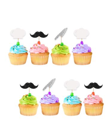 24pcs Chef Cupcake Toppers Cooking Themed Baby Shower Cupcake Decor Cooker Chef Hat Cupcake Toppers Silver Glitter Baking Cake Decorations for Chef Birthday Party Supplies