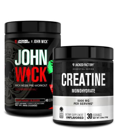 Jacked Factory X John Wick - Wick Mode Pre Workout Powder (Osaka Cherry Blossom 40 Servings) & Creatine Monohydrate Powder (Unflavored 30 Servings)
