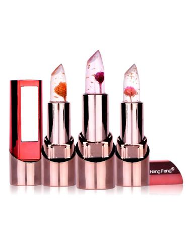 3Pcs Flower Crystal Jelly Magic Temperature-Change Color Lipstick Moisturizing Lipstick Long Lasting Nutritious Lip Balm B (H9302x3)