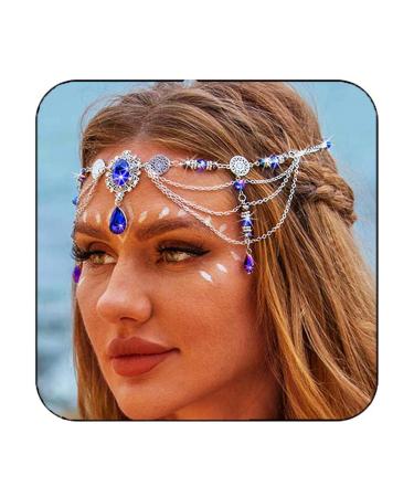 Reaky Head Chain Boho Tassels Headbands Blue Rhinestone Headpiece Bead Hairband Festival Hair Accessories for Women