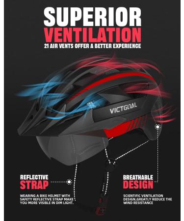VICTGOAL Bike Helmet with USB Rechargeable Rear Light, Magnetic Goggles, Sun Visor | Black Red | Men Women Adult Cycling Helmet - Buy Online on GoSupps.com