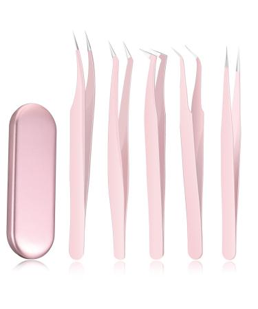 5 Pcs Eyelash Tweezers Eyelash Extension Tweezers Lash Volume Tools with Box Stainless Steel Extensions Lash Tweezers Pointed Lash Tweezers Set for Eyelash Extension Skilled (Pink)