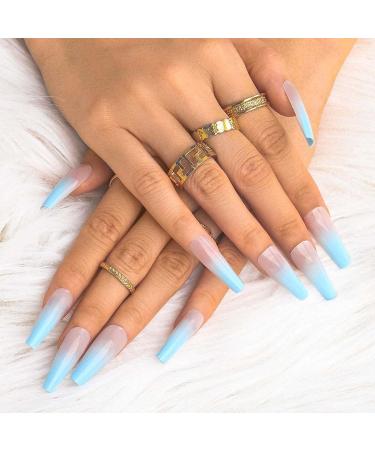 Sethexy Glossy Ballerina Fake Nails - Long Coffin Gradient Light Blue Acrylic Press-On Nail Tips for Women & Girls - 24pcs - Buy Online on GoSupps.com