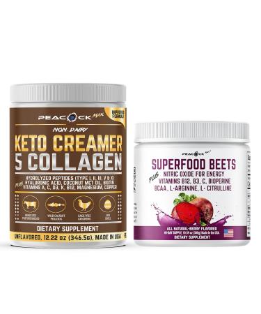 Peacock Max Collagen Keto Creamer & Beetroot Powder Bundle Hydrolyzed Collagen with MCT for Energy & Skin Health + Nitric Oxide Booster for Heart & Blood Pressure Support Keto & Superfood