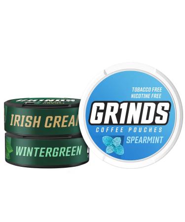 Grinds Coffee Pouches | 3 Can Sampler | Wintergreen, Spearmint, Irish Cream | Tobacco Free, Nicotine Free Healthy Alternative | 1 Pouch eq. 1/4 Cup of Coffee (3 Can Sampler Pack)