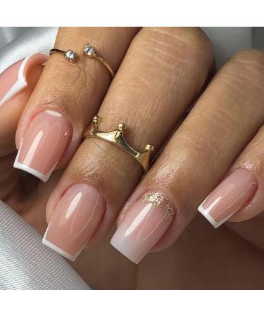 French Short gradient nail with white edge design glitter golden false nails press on nails Acrylic False Nails Cute Artificial Nails for women and girls