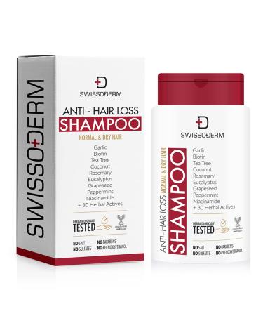 SWISSODERM Anti-Hair Loss Shampoo Normal & Dry Hair Regrowth Shampoo 39+ Herbal Actives with Biotin and Garlic Sulfate Free Curly Girl Methot and Brezilian Blowout Hair Men & Women
