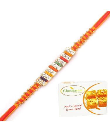 Ghasitaram Gifts Rakhi for Brother Rakhis Online - RM585 - Multicolour Stone Bracelet Rakhi with 200 GMS of Besan Barfi Rakhi Set with 200 gms of Besan Barfi