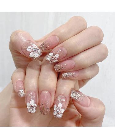 SINLOV Coffin French Camellia Flower False Nails Nude Long Medium Fake Nails Glossy Press on Nails Ballerina Acrylic Full Cover Fake Nails for Women and Girls