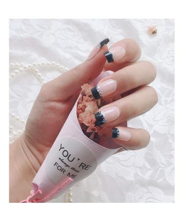Shop French Fake Nail Set - Nude Nails with Black & Glitter | Medium Long Artificial Nails for Daily Wear - Buy Online on GoSupps.com