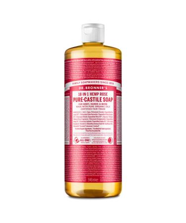 Dr Bronner's 18-in-1 Rose Pure Castole Liquid Soap Made with Organic Oils Used for Face Body Hair Laundry Pets and Dishes Certified Fair Trade & Vegan Friendly 946ml Recycled Bottle Rose 946 ml (Pack of 1)
