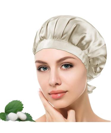 FUQAN 100percent Natural Mulberry Silk Bonnet  Sleeping Silk Sleep Hat for Women Hair Care (Champagne) 6.29*0.39*7.87