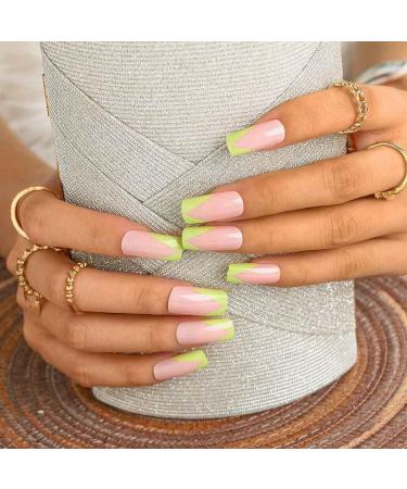 Sethexy French Square False Fingernails - 24 Glossy Green Acrylic Nail Tips for Women & Girls | Press-On Nails with Glue - Buy Online on GoSupps.com