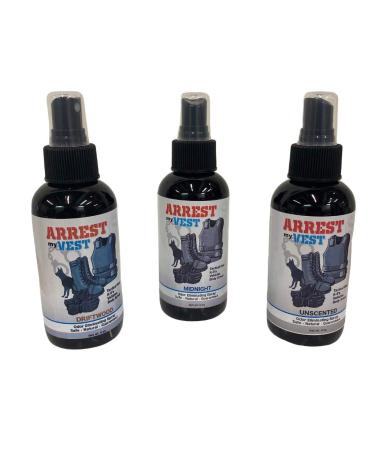 Arrest My Vest Military and Police Grade Odor Eliminating Spray for Body Armor Odor, Tactical Gear. Safe on K9's. Triple Pack of Assorted Fragrances 1 Unscented, 1 Midnight and 1 Driftwood Bottles
