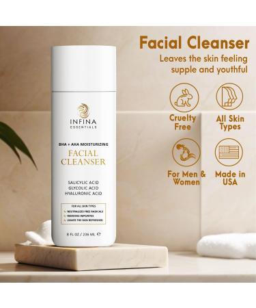 Hydrating Facial Cleanser 8 oz - Non-Foaming AHA BHA Formula with Hyaluronic Acid & Antioxidants for All Skin Types - International Shipping Available - Buy Online on GoSupps.com