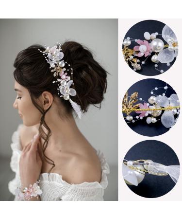 Wedding Flower Headpieces Set for Girls - Rhinestone Headband & Wrist Corsage | Pearl Flower Crown & Crystal Tiara for Flower Girls - Buy Online on GoSupps.com