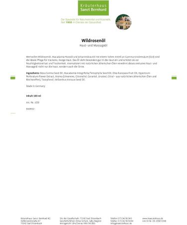 Sanct Bernhard Wild Rose Skin and Massage Oil - Nourishing Wild Rose Macadamia Nut & St. John's Wort Oil | 100ml - Best for Skin Care & Relaxation - Buy Online on GoSupps.com