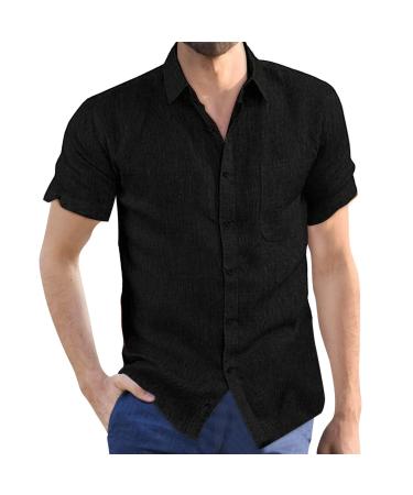 Mens 2023 Casual Summer Plain Short Sleeve Cotton Linen T-Shirts Regular Fit Casual V Neck Beach Shirts Hippie Fishing Shirts I-b-black 3X-Large