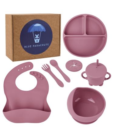 Baby Feeding Silicone Set Weaning Kit with Suction Plate Bowl Adjustable Bib Utensils Set - Perfect for Infant & Toddler Mealtime Non-Slip Dishware BPA-Free Easy Clean (Pink)