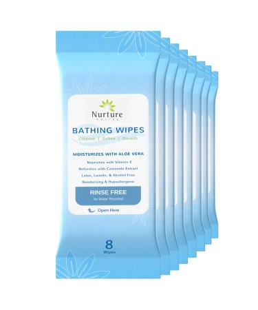 Rinse Free No Shower Bathing Wipes (8-Pack) | 64 Microwavable Adult Cleansing Body Bath Wash Cloths with Aloe Vera & Vitamin E - No Water Required - Latex Lanolin & Alcohol Free - 8 Packs of 8 Wipes 8 Count (Pack of 8)