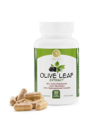 Olive Leaf Extract - 500mg - Supplement Standardized to 25% Oleuropein - 20% Hydroxytyrosol - 40% Polyphenols - Non-GMO + Gluten Free + Dairy Free + Soy Free + Vegan (30 Capsules)