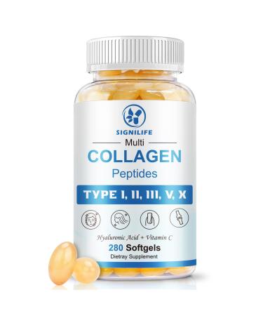 Multi Collagen Peptides for Women & Men, Hydrolyzed Collagen Peptides-Type I, II, III, V, X - with Hyaluronic Acid,Vitamin C,Biotin,Supports Skin Hair Nail, Non-GMO, 280 Softgels 280 Count (Pack of 1)