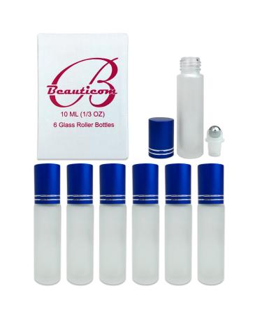 Beauticom Glass 10ml 1/3 oz Roller Bottles with Metal Cap Stainless Steel Roll Balls for Essential Oil Aromatherapy Perfume Lip Gloss Lip Balm Roll on Bottles (12 Bottles BLUE)