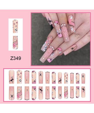 Halloween Press On Nails - Long Coffin Designs Ghost Pumpkin & Spider Web 24 Pcs - Cute Full Cover Fake Nails with Glue for Women & Girls - Buy Online on GoSupps.com