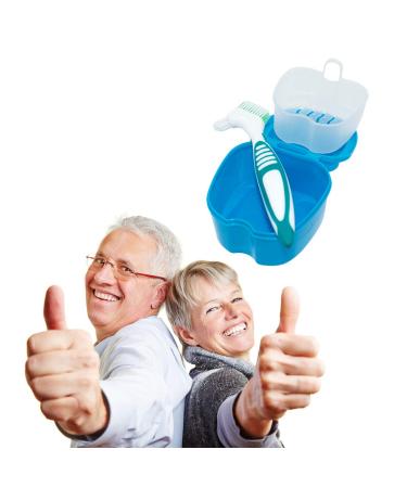 Denture Cups Set with Strainer Basket & Brush - Travel Denture Case for Overnight Cleaning - Blue/Green - Buy Online on GoSupps.com
