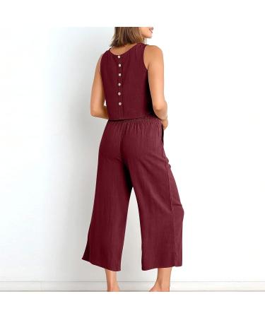 Women's Linen Two Piece Set - Crop Tank Top & Wide Leg Pants - Watermelon Red - Size Medium - Buy Online on GoSupps.com