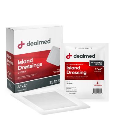 Dealmed Sterile Bordered Gauze Island Dressings  25 Count, 4" x 4" Gauze Pads, Disposable, Latex-Free, Adhesive Borders with Non-Stick Pads, Wound Dressing for First Aid Kit and Medical Facilities 4x4 Inch (Pack of 25)