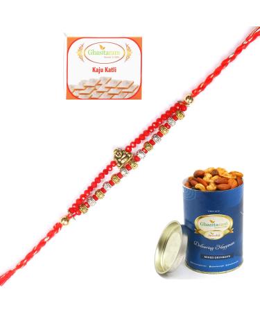 Ghasitaram Gifts Rakhi for Brother Rakhis Online - RM-668 Premium Rakhi with 100 GMS of Dryfruits Mix Can 200 GMS of Kaju katli Rakhi & 100g Dryfruits Mix Can 200g Kaju katli