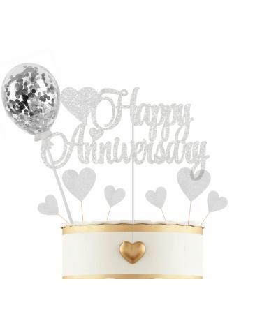 Elicola Happy Anniversary Cake Topper Decorations Glitter Wedding Anniversary Cake Topper Supplies Party Cake Decor Silver