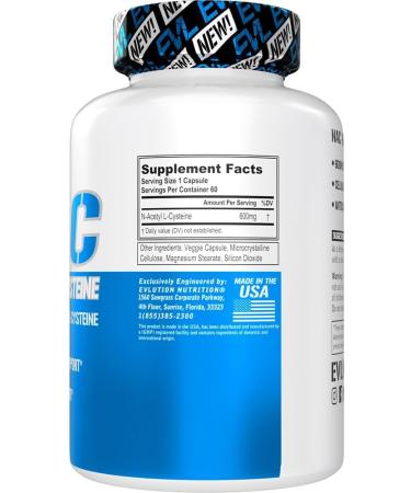 Evlution Nutrition NAC 600mg - N-Acetyl L-Cysteine Antioxidant Support - Vegan & Gluten Free Dietary Supplement - 60 Veggie Capsules - International Shipping Available - Buy Online on GoSupps.com