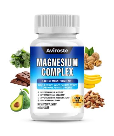 8 in 1 Magnesium Complex Supplement - 8 Elemental 1000mg - Magnesium Glycinate Citrate Malate Taurate - High Absorption for Muscle Nerve & Sleep Support - 90 Capsules 1 Pcs