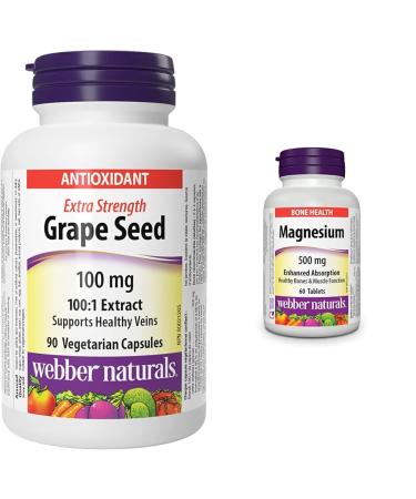 Webber Naturals Grape Seed 100 mg Extra Strength 90 Capsules Antioxidant Support Vegan & Magnesium 500 mg 60 Tablets Enhanced Absorption Mineral Supports Bone and Muscle Functions Vegan Seed + Magnesium 500 mg