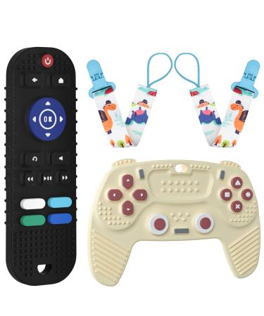 X-KIDS 2-Pack Silicone Baby Teething Toys Remote Control Teether Toys Gamepad Teething Toys with 2 Pacifier Clips Soft-Textured Chew Sensory Toys for Babies 0-6 6-12 Months BPA Free 01Black Remotes + Khaki Gamepads
