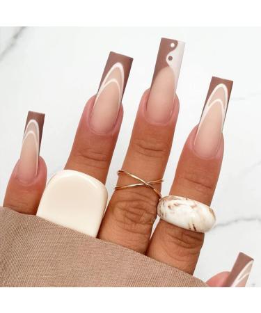 Vatocu Coffin Tai Chi False Nail French Matte Fake Nails Long Brown Press on Nude Nude Full Cover Ballerina Acryl Stick On Nails for Women and Girls (24 pieces)