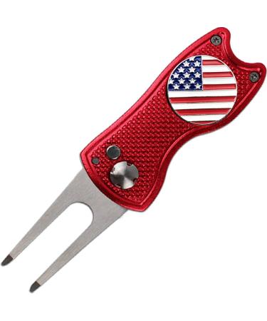 Champmate Golf Divot Tool, Stainless Steel Switchblade and Foldable Magnetic with USA Golf Ball Marker in 5 Designs Red USA Flag