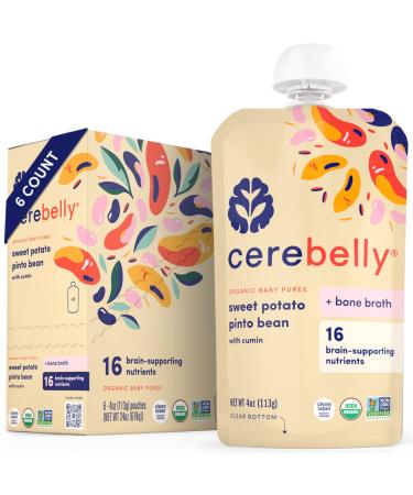 Cerebelly Baby Food Pouches  Sweet Potato Pinto Bean + Chicken Bone Broth (6 Count) - Healthy Kids Snacks - Veggie Purees - 16 Brain-supporting Nutrients from Superfoods, No Added Sugar Sweet Potato Pinto Chicken Broth 4 Ounce (Pack of 6)