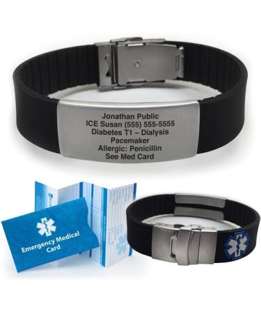 Sport Medical Alert Bracelet - Black. Pre-engraved "DIABETES TYPE 1 INSULIN PUMP". Save 30% - Close Out Pricing! - Buy Online on GoSupps.com
