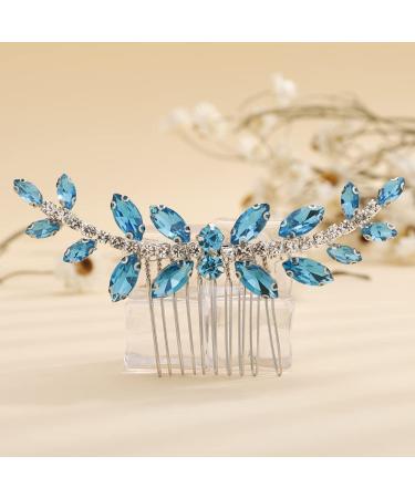 Teyglen Crystal Bride Wedding Hair Comb Bridal Blue Rhinestone Side Comb Dainty Hair Pieces Bridal Headpieces Hair Accessories for Women Bride Girls(Light Blue)