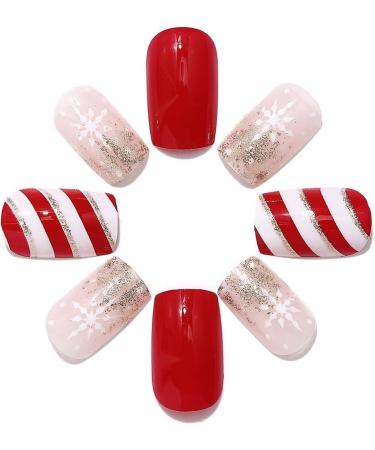 Christmas False Nails Snowflake Press on Nails Elk Stick on Nails Red Long Fake Nails Full Cover Nails Tips 24pcs for Women and Girls With solid glue nail lamp (Size : 8) - Buy Online on GoSupps.com