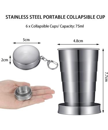 Tessco 6-Piece Stainless Steel Collapsible Cup Set - Ideal for Travel, Hiking, and Picnics - 75ml/2.5oz - Includes Keychain - Buy Online on GoSupps.com