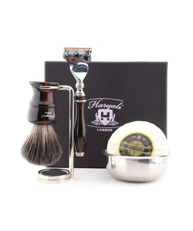 Haryali London 5-part men's fur care set with 5 razor blades and shaving brush made of synthetic roof hair stand soap and bowl