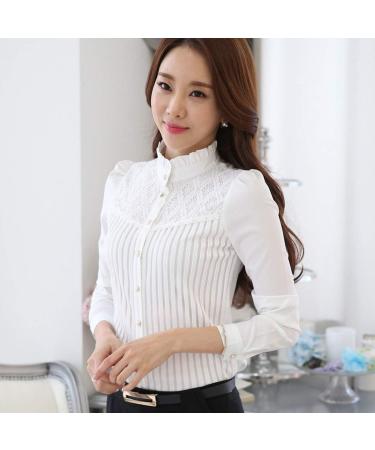Geilisungren Women s Elegant Stand-Up Collar Blouse - Chiffon Lace Patchwork Button Tops - Casual Oversized XXL White Fashion - Buy Online on GoSupps.com